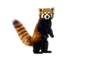 A red panda standing on its hind legs against a black background