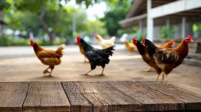 Chickens walk around a farmyard near wooden tables in a sunny outdoor area during the day