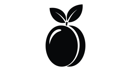 A striking black graphic depicts a ripe plum with two leaves showcasing a minimalist silhouette high quality professional © jivect02