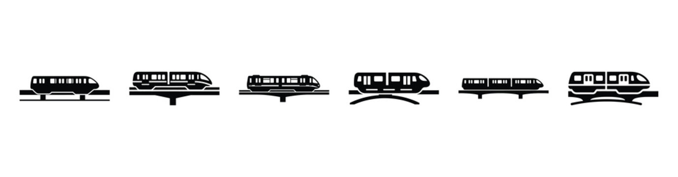 Vector set illustration of monorail icons. Simple transport silhouette icon design collection.