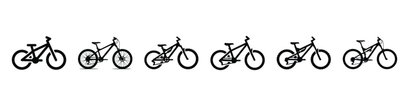 Vector set illustration of mountain bike icons. Simple transport silhouette icon design collection.