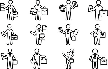 Fototapeta premium Businessman holding briefcase and documents in line art style vector illustration