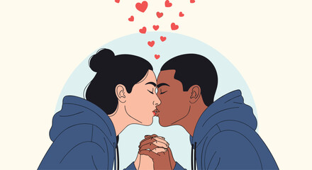 Romantic scene of a young couple kissing with small red hearts floating above them against a soft circular background for valentines day.