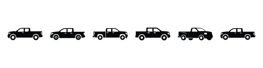 Fototapeta premium Vector set illustration of pickup truck icons. Simple transport silhouette icon design collection.