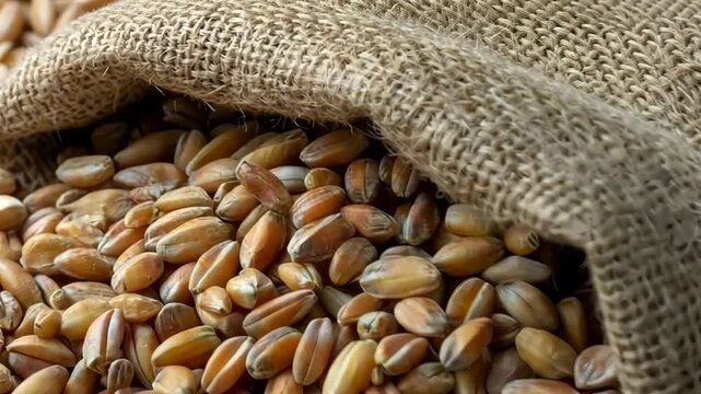 Grain bag full of wheat kernels on a wooden table in a bright room during the day