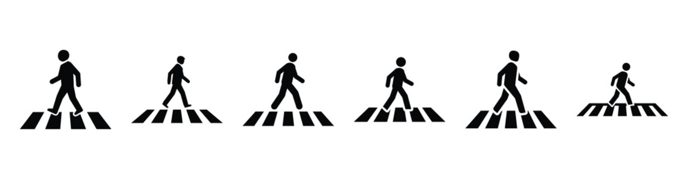 Vector set illustration of pedestrian crossing icons. Simple transport silhouette icon design collection.