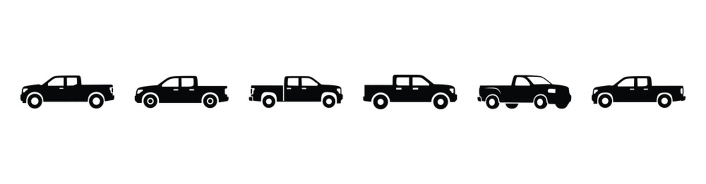 Vector set illustration of pickup truck icons. Simple transport silhouette icon design collection.