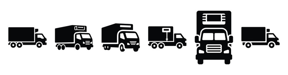 Vector set illustration of refrigerated truck icons. Simple transport silhouette icon design collection.