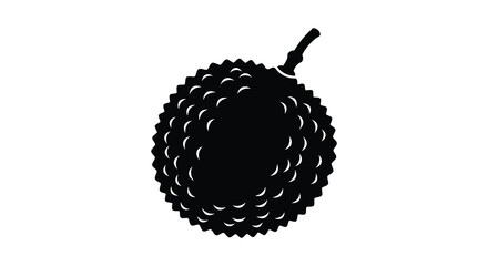 A stark black and white illustration depicts a single durian fruit showcasing its distinctive spiky exterior and stem high quality