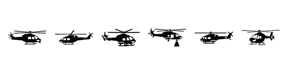 Vector set illustration of rescue helicopter icons. Simple transport silhouette icon design collection.