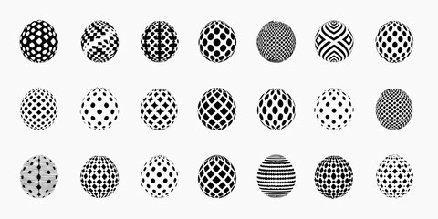 Arrangement of black and white circular optical illusions with varying patterns