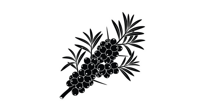 A stark black and white illustration depicts a sprig of juniper berries with needle like leaves high quality professional detailed modern