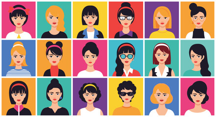 Diverse collection of eighteen female avatars with different hairstyles glasses and facial features presented in colorful square frames.