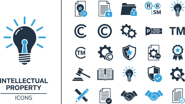 Intellectual property icon set featuring patent copyright trademark registered symbols legal protection idea bulbs and contract vector graphic elements