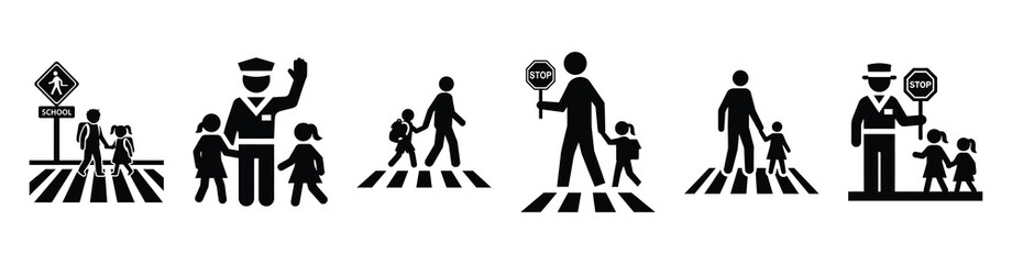Vector set illustration of school crossing icons. Simple transport silhouette icon design collection.