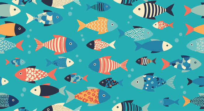 Seamless pattern featuring a variety of colorful and patterned fish swimming in a teal ocean with small air bubbles.