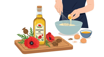 Person whisking ingredients in a bowl next to a bottle of poppyseed oil, eggs, and red poppy flowers on a wooden board.