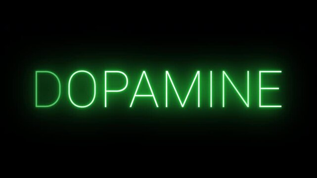 Flickering neon green glowing dopamine sign animated black background.