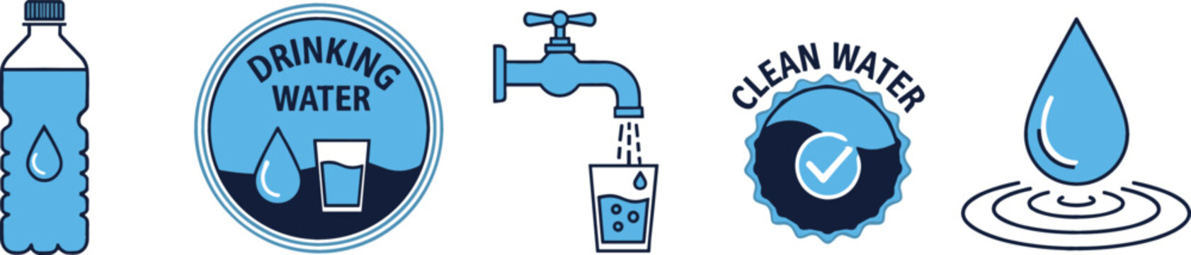 Clean water and sanitation icon set featuring drinking water bottles taps droplets purification seals and hygiene vector graphic elements