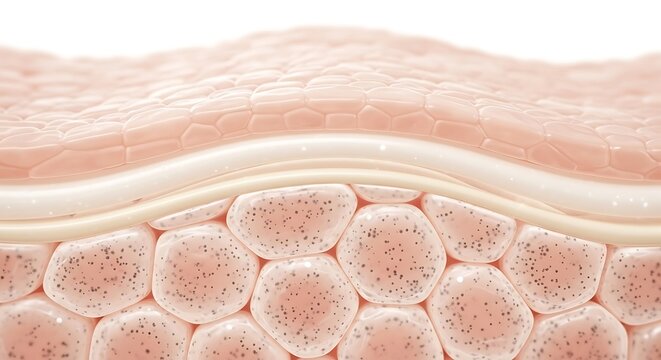 3d rendering of human skin cross section with multiple layers showing cellular structure