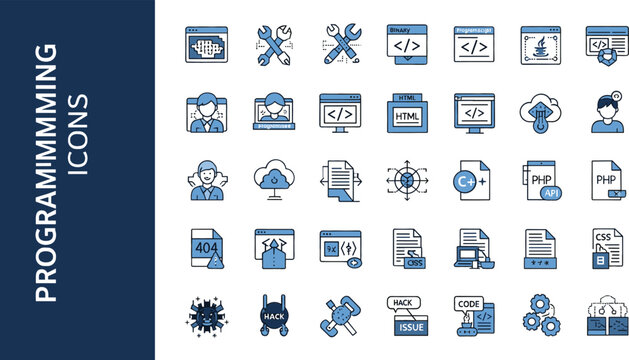 Professional programming and software development icon set featuring coding languages web design cloud computing cybersecurity and technical engineering vector elements