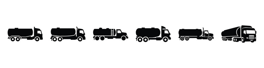 Vector set illustration of tanker truck icons. Simple transport silhouette icon design collection. © Shilpy