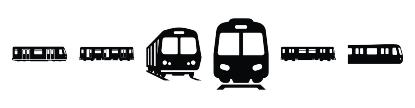 Vector set illustration of subway train icons. Simple transport silhouette icon design collection.