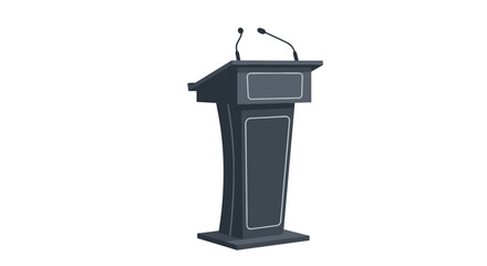 Empty dark gray podium with two microphones on a plain white background, ready for a professional presentation.
