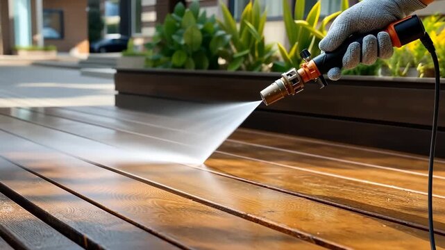 Pressure washing a wooden deck in the backyard on a sunny day to remove dirt and stains for clear surface