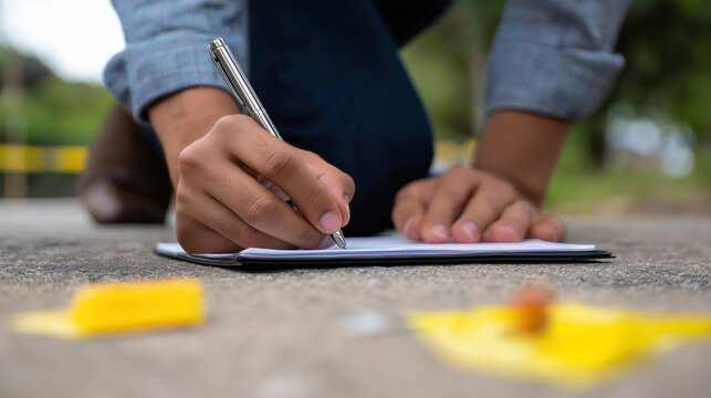 Man writing notes on notepad while crouching outdoors with evidence markers  