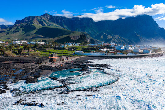 Agaete Aerial View, Las Salinas Rock Pools and Ferry Port Terminal, Puerto de las Nieves, Gran Canaria, Spain 