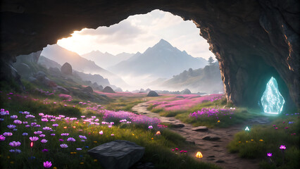 Misty cave entrance revealing vibrant alpine meadow with wildflowers and glowing sunset mountains fantasy landscape