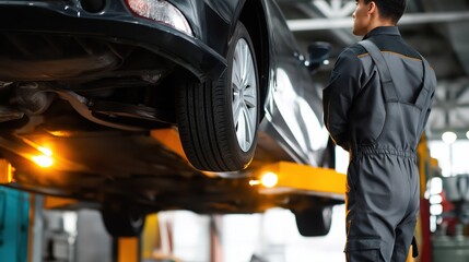 Mechanic inspecting raised car on lift in automotive workshop  