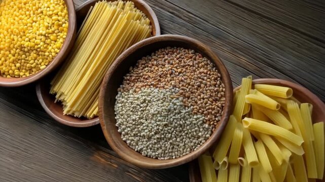 Different types of grains, pasta, and seeds arranged in bowls on a wooden table for cooking and meal preparation