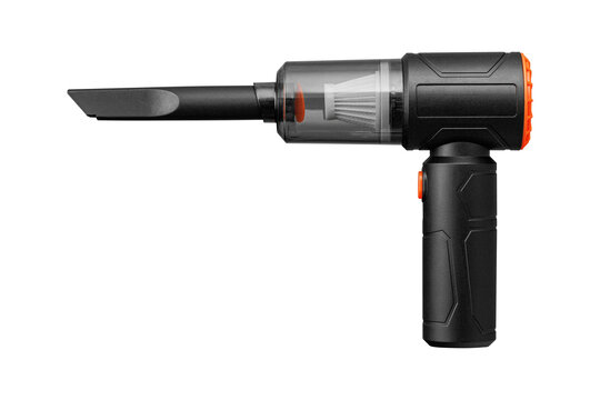 Modern black handheld vacuum cleaner with nozzle for small spaces. High-quality studio shot of cordless cleaning gadget. Ideal for car interior care, office desk and home electronics maintenance.