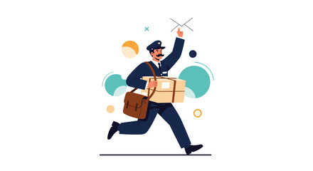 Happy postman in a blue uniform running to deliver a stack of packages and an envelope with decorative circles.