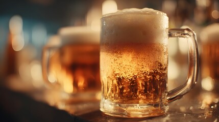 Close-up of a Frothy Beer Mug with Bubbles and Golden Liquid.