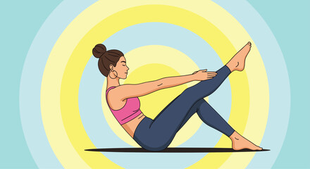 Woman in a pink top and blue leggings practicing a core strengthening pilates exercise against a circular background.