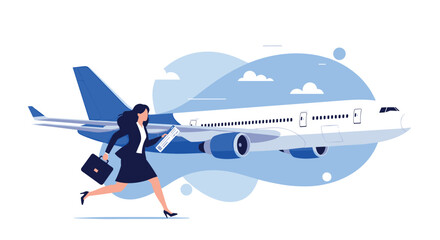 Professional businesswoman in a suit and heels carrying a briefcase and a ticket running towards a large airplane.