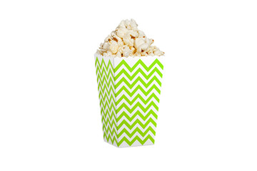 Full box of crunchy popcorn with a stylish Green chevron pattern. Isolated on white background. Perfect for movie night promotions, birthday party flyers, and snack advertisements.
