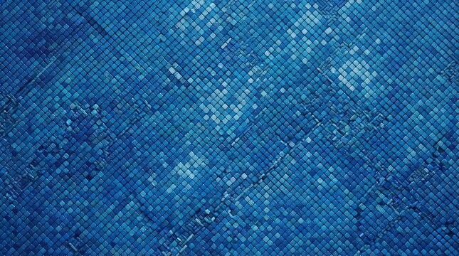 High resolution blue mosaic tile texture with uneven squares and grunge details suitable for bathroom interior concepts or swimming pool background designs.