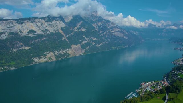 Aerial view around the lake walensee in Switzerland on a sunny day in summer.