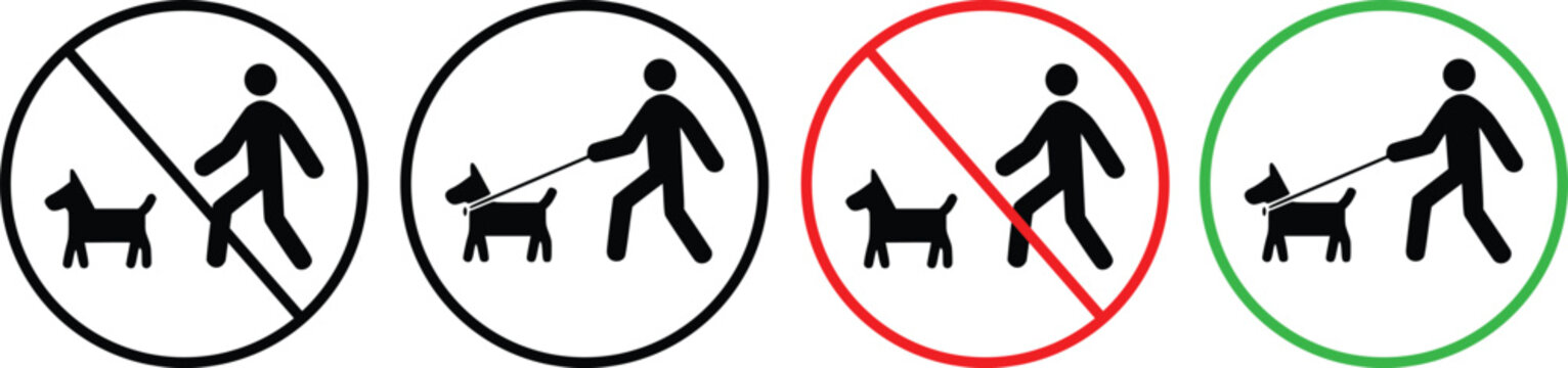 Dog Walking Allowed and Prohibited Sign Icon Set, Pet Control and Leash Rules Symbols, No Dogs and Allowed Dogs Pictograms, Vector Illustration