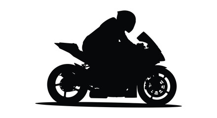A dynamic black silhouette depicts a motorcyclist leaning into a turn on a powerful racing machine silhouette © Komla02