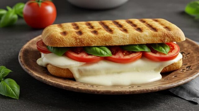 Melting cheese panini with fresh tomatoes and basil on rustic plate