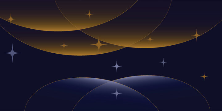 Navy blue abstract background with halftone golden lines delicate pattern. Small light spot box. Curve line, cosmic galaxy space. Festive BG for social media, birthday party invitation.