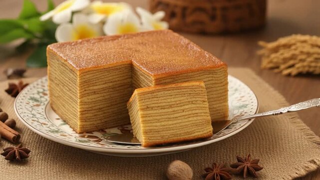 A traditional Southeast Asian layered kuih lapis cake sliced neatly, showing colorful pandan coconut layers on a rustic table.