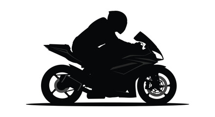 A dynamic black silhouette depicts a motorcyclist leaning into a turn on a modern sportbike silhouette high quality © Komla02