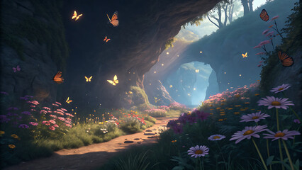 Magical Enchanted Forest Cave with Glowing Flowers, Butterflies, and Sunbeams