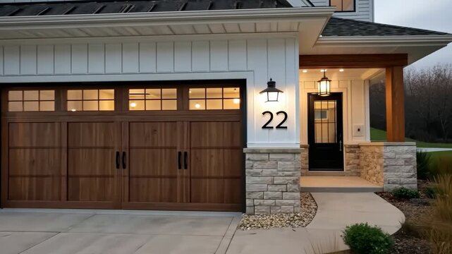Modern home exterior with garage door and front entrance at dusk in a quiet neighborhood
